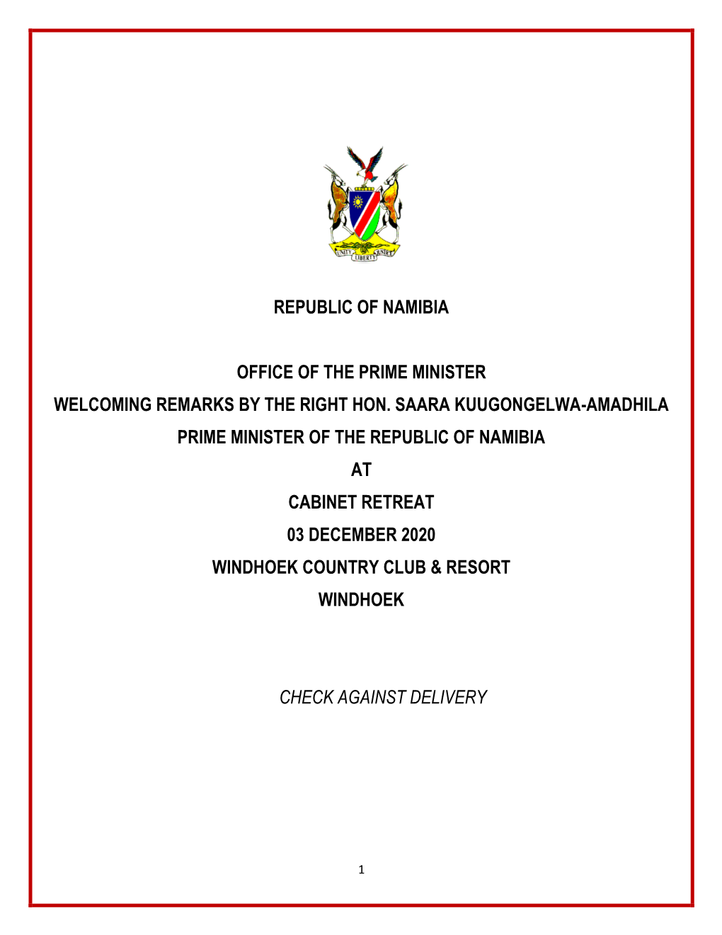 Republic of Namibia Office of the Prime Minister