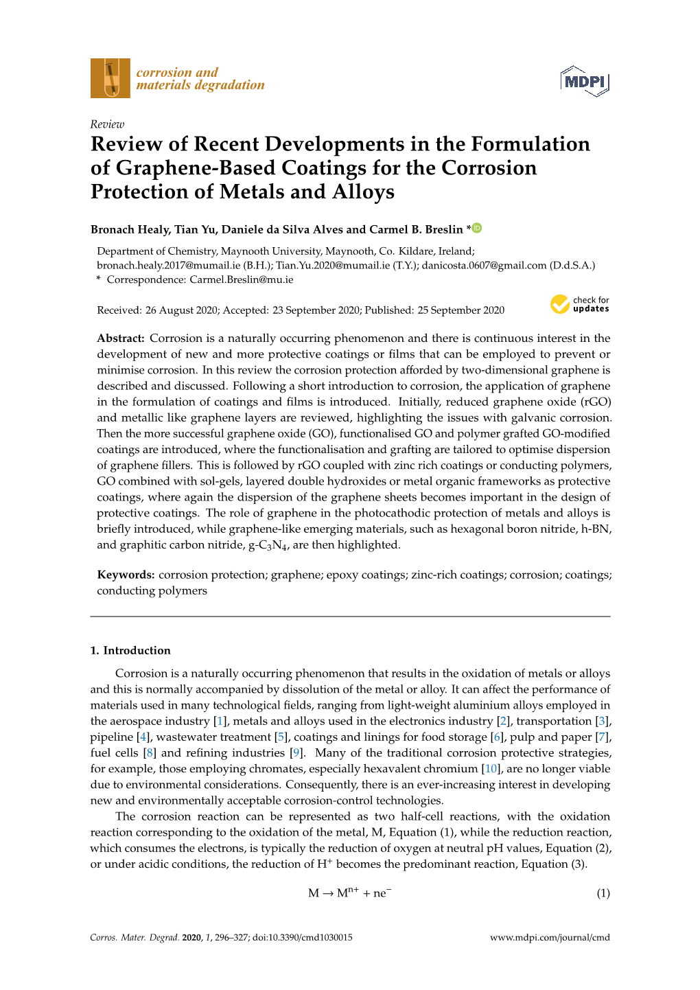 Review of Recent Developments in the Formulation of Graphene-Based Coatings for the Corrosion Protection of Metals and Alloys