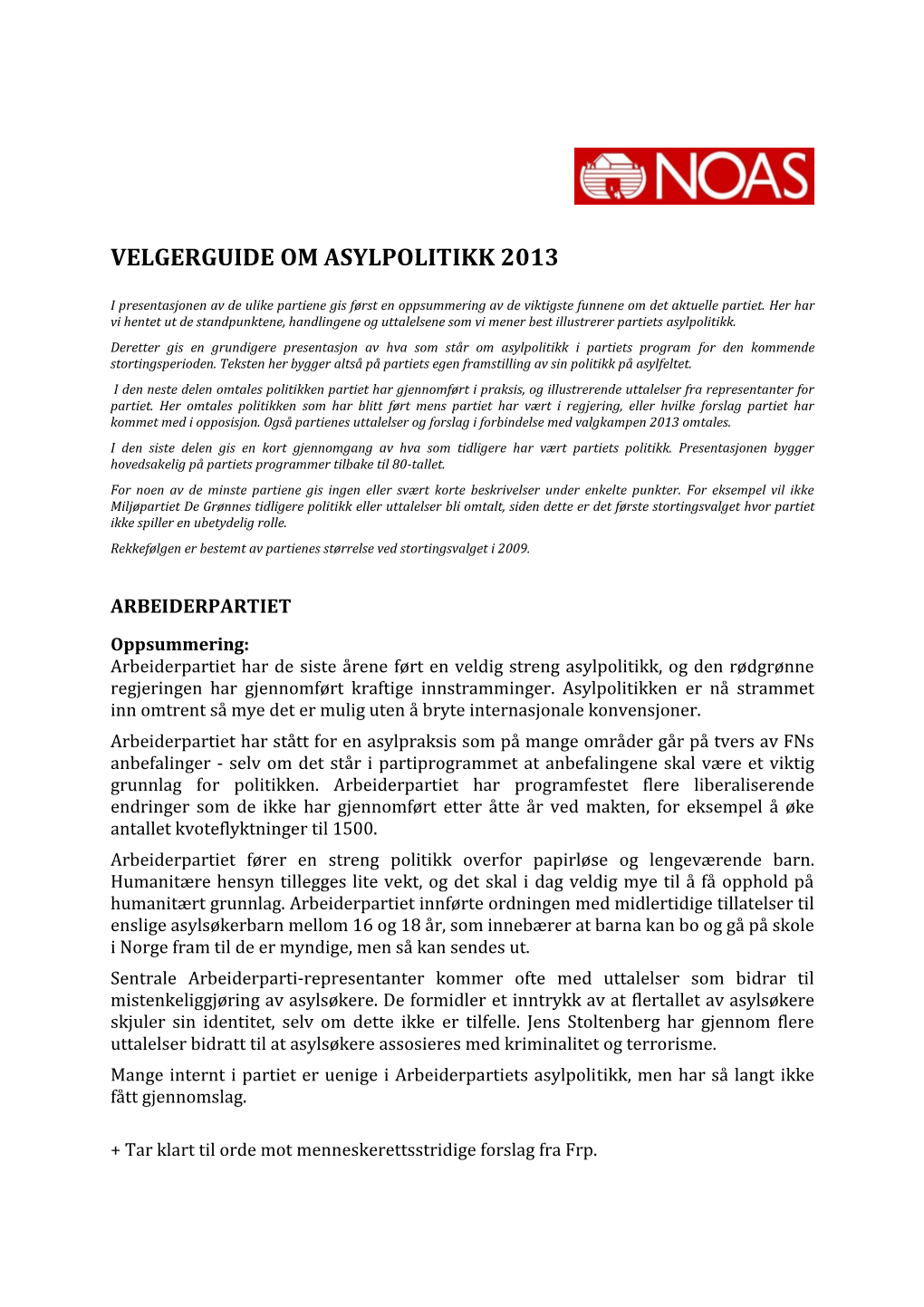 Velgerguide Om Asylpolitikk 2013