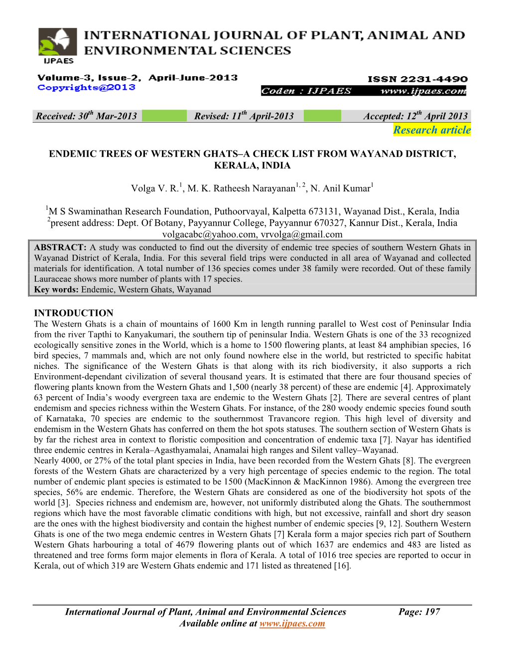 Endemic Trees of Western Ghats–A Check List from Wayanad District, Kerala, India