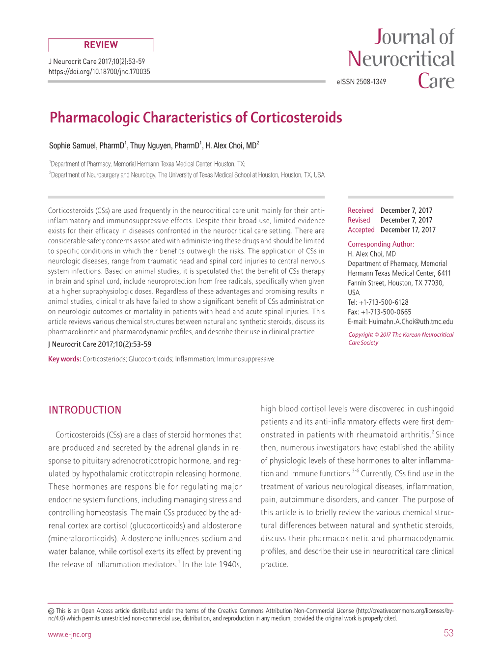 Pharmacologic Characteristics of Corticosteroids 대한신경집중치료학회