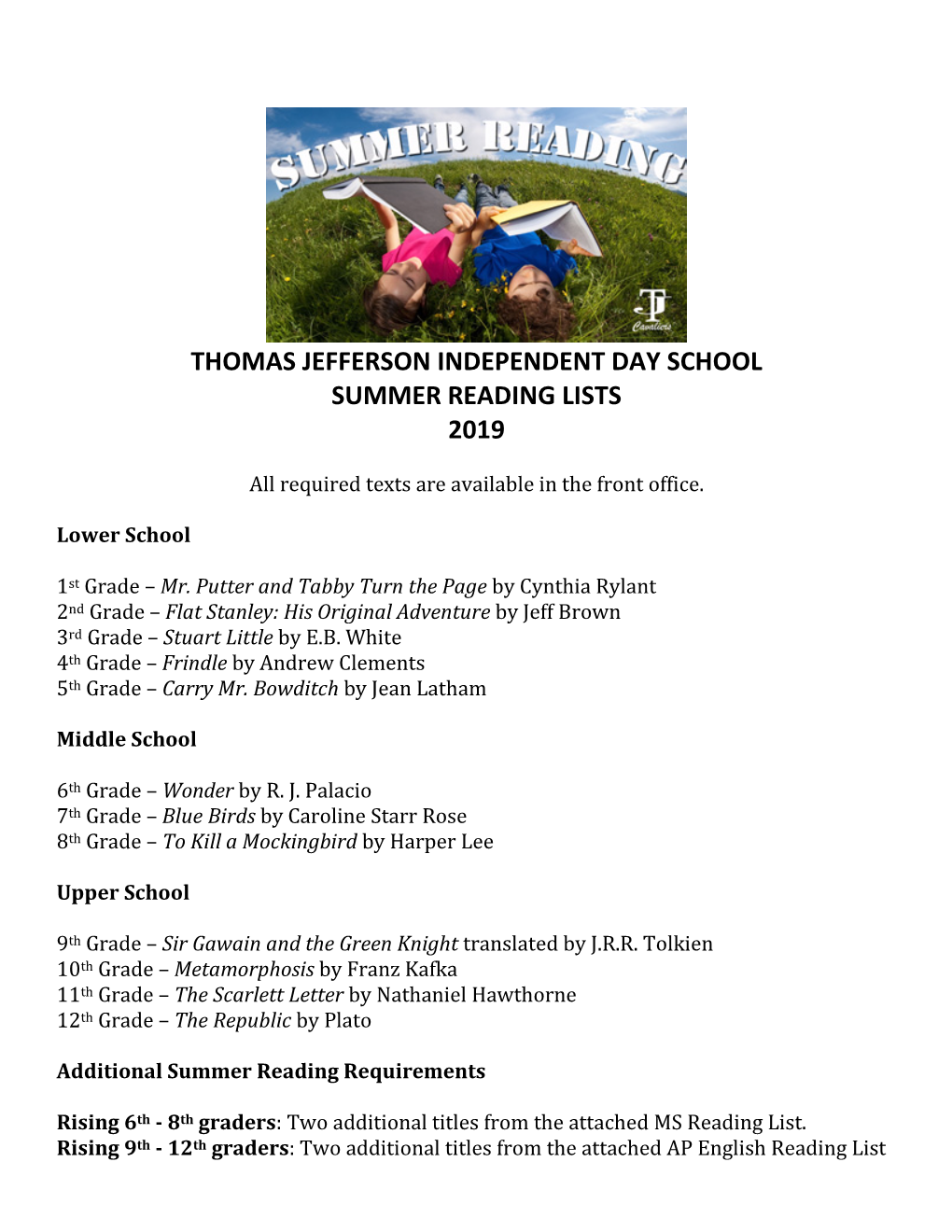 Thomas Jefferson Independent Day School Summer Reading Lists 2019