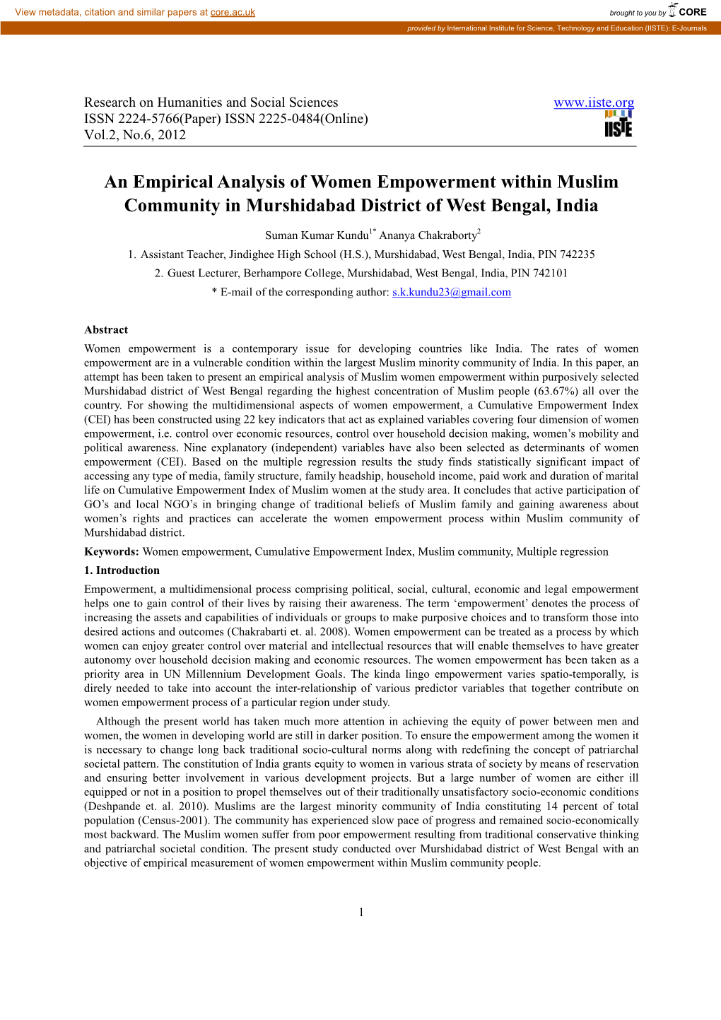 An Empirical Analysis of Women Empowerment Within Muslim Community in Murshidabad District of West Bengal, India