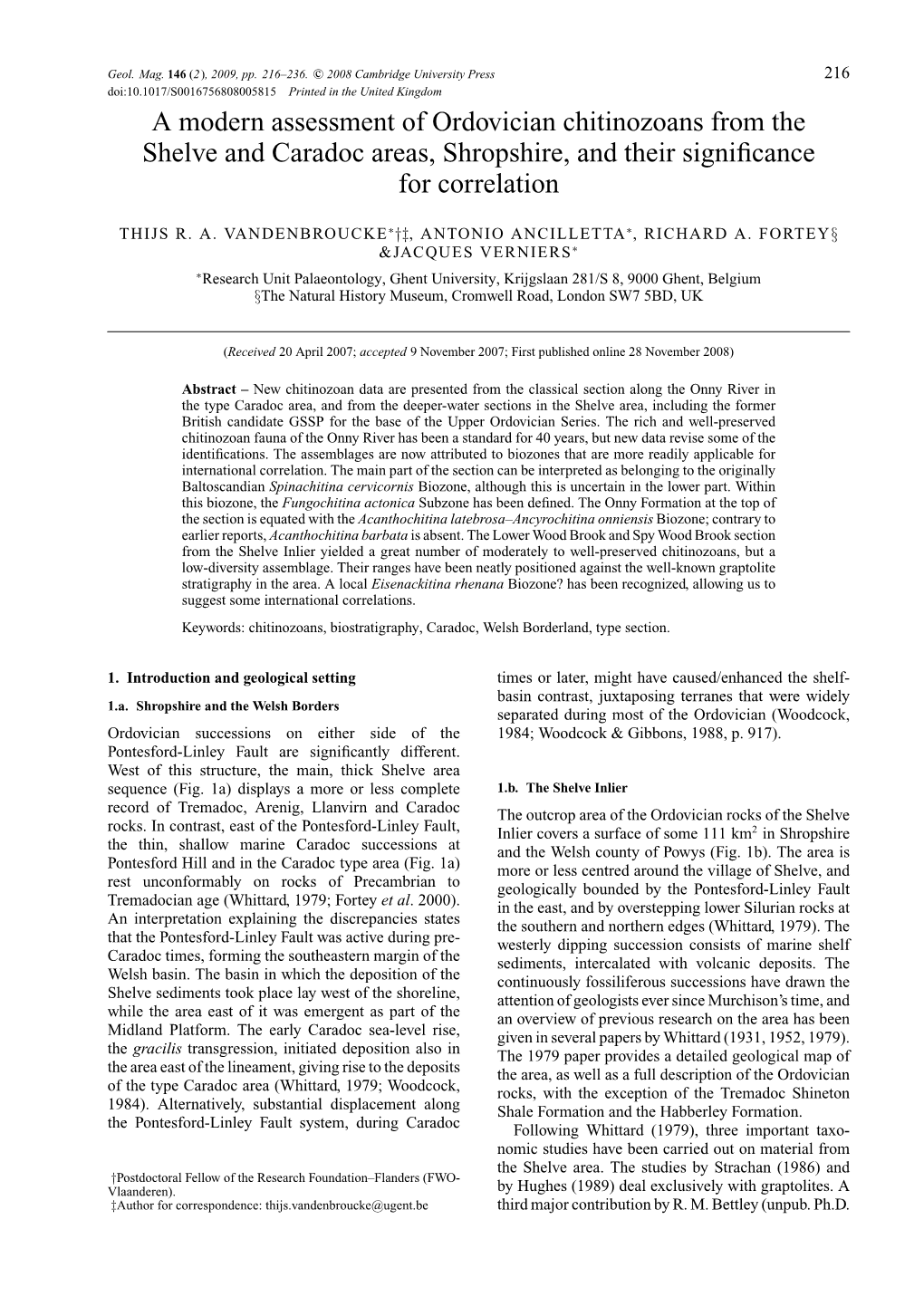 A Modern Assessment of Ordovician Chitinozoans from the Shelve and Caradoc Areas, Shropshire, and Their Signiﬁcance for Correlation