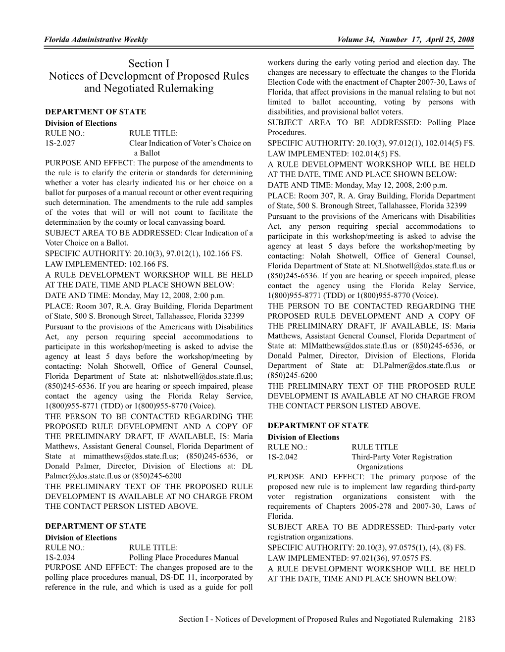 Section I Notices of Development of Proposed Rules and Negotiated