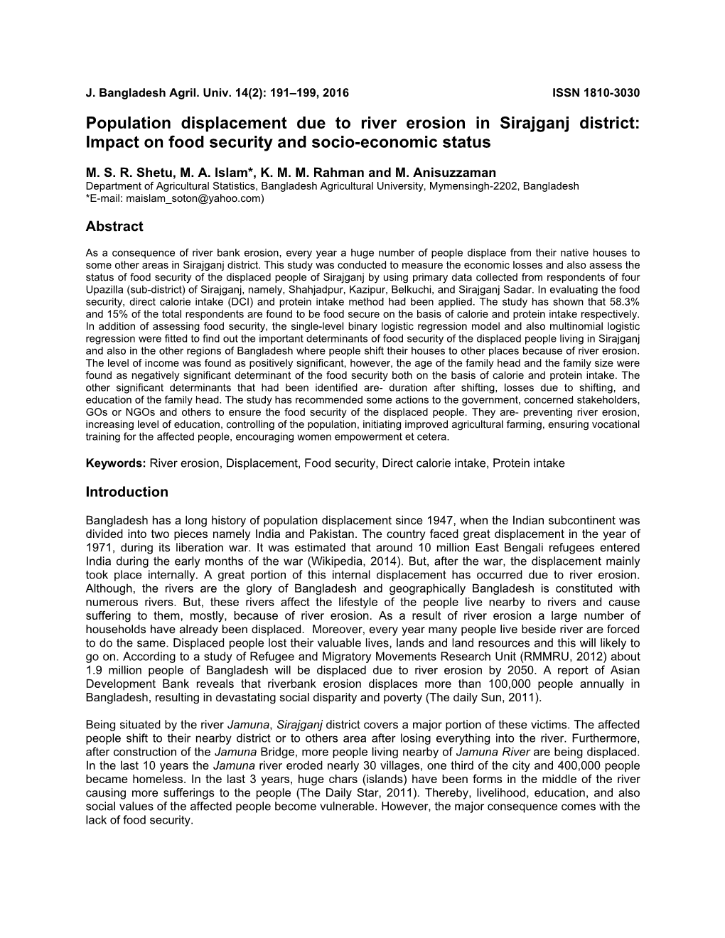 Population Displacement Due to River Erosion in Sirajganj District: Impact on Food Security and Socio-Economic Status