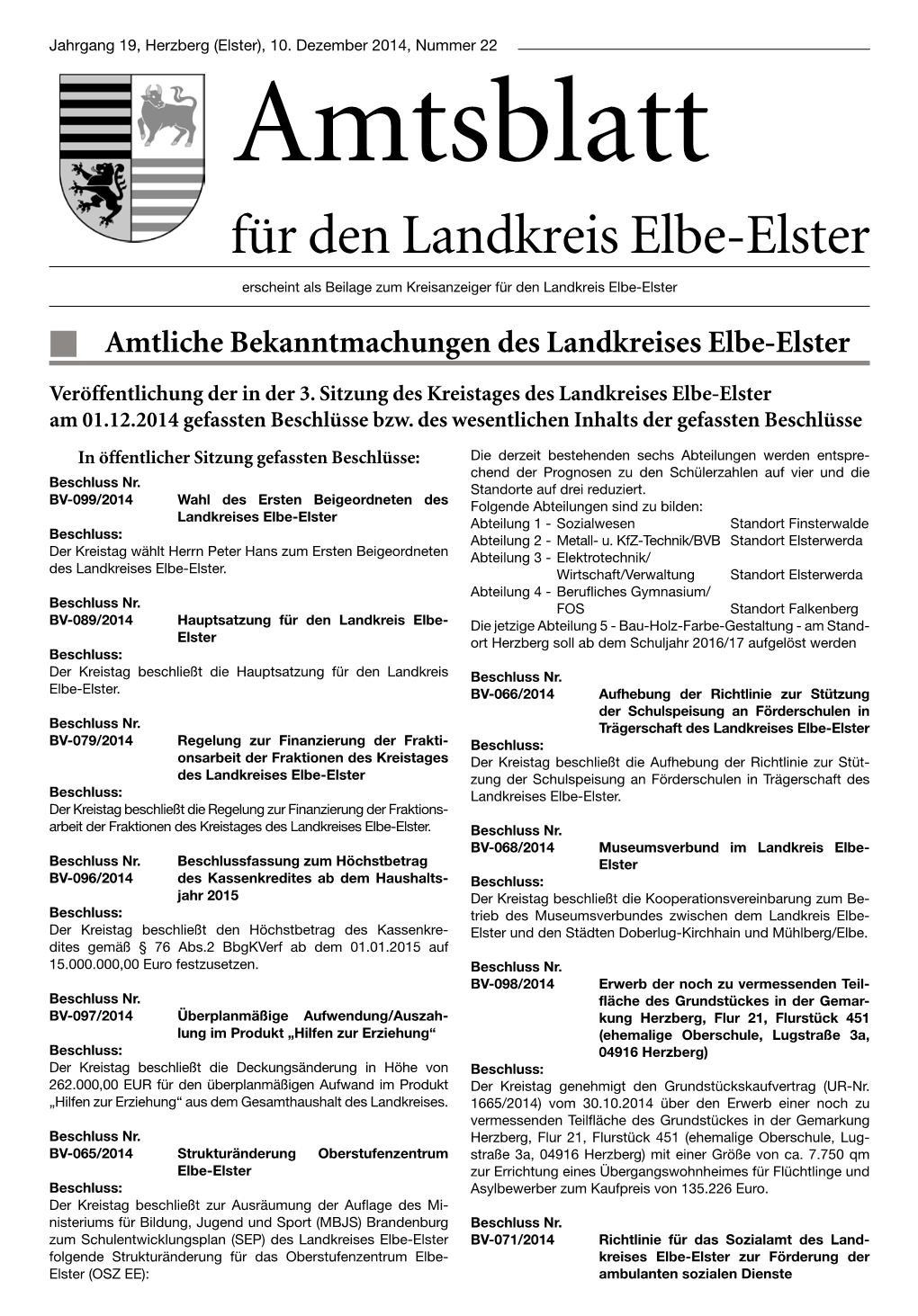 Amtliche Bekanntmachungen Des Landkreises Elbe-Elster Veröffentlichung Der in Der 3