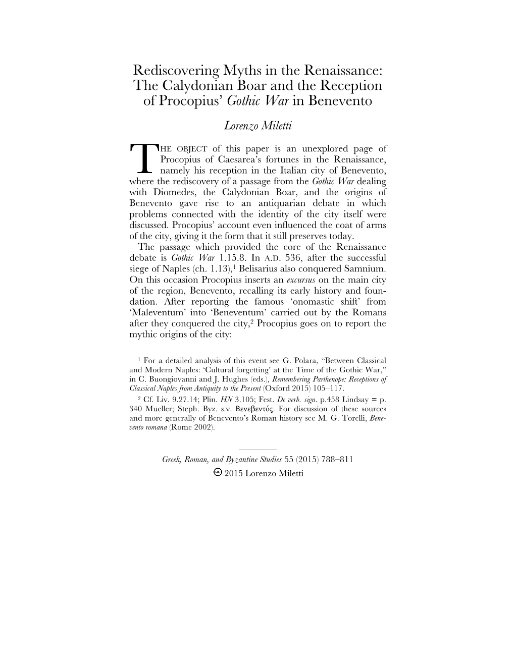 Rediscovering Myths in the Renaissance: the Calydonian Boar and the Reception of Procopius’ Gothic War in Benevento Lorenzo Miletti