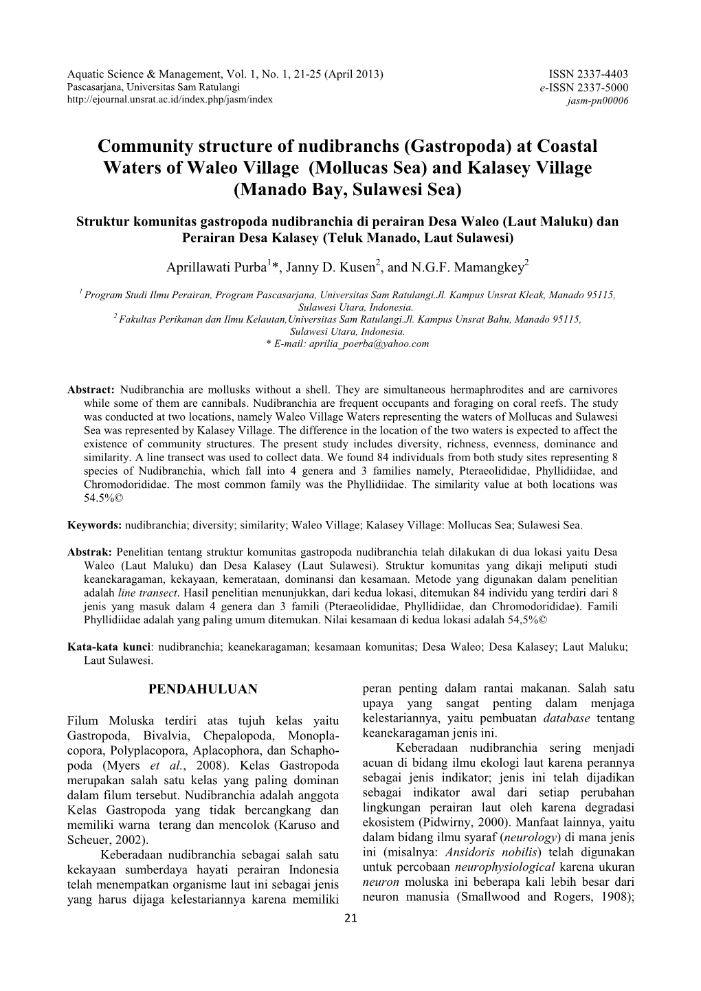 Gastropoda) at Coastal Waters of Waleo Village (Mollucas Sea) and Kalasey Village (Manado Bay, Sulawesi Sea