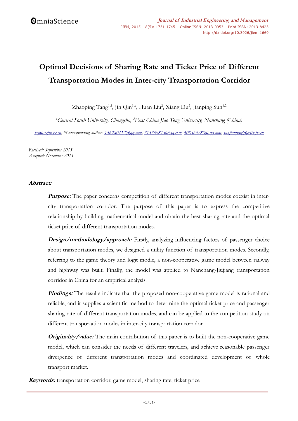 Optimal Decisions of Sharing Rate and Ticket Price of Different Transportation Modes in Inter-City Transportation Corridor