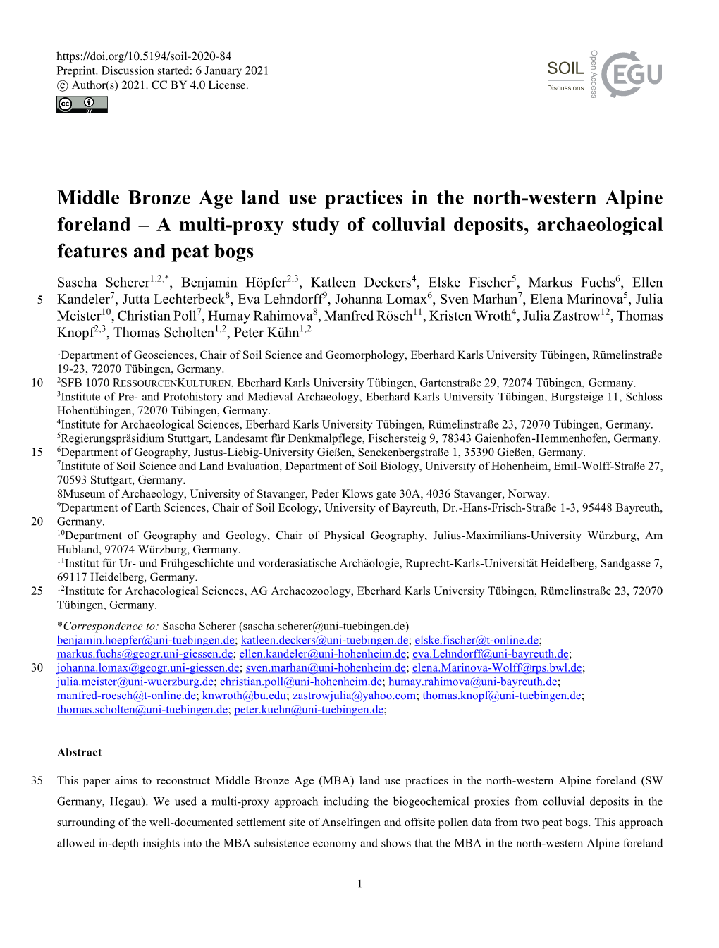 Middle Bronze Age Land Use Practices in the North-Western Alpine Foreland