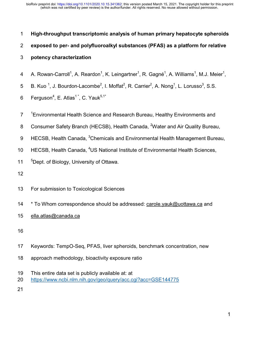 1 High-Throughput Transcriptomic Analysis of Human Primary Hepatocyte Spheroids 1 Exposed to Per- and Polyfluoroalkyl Substances