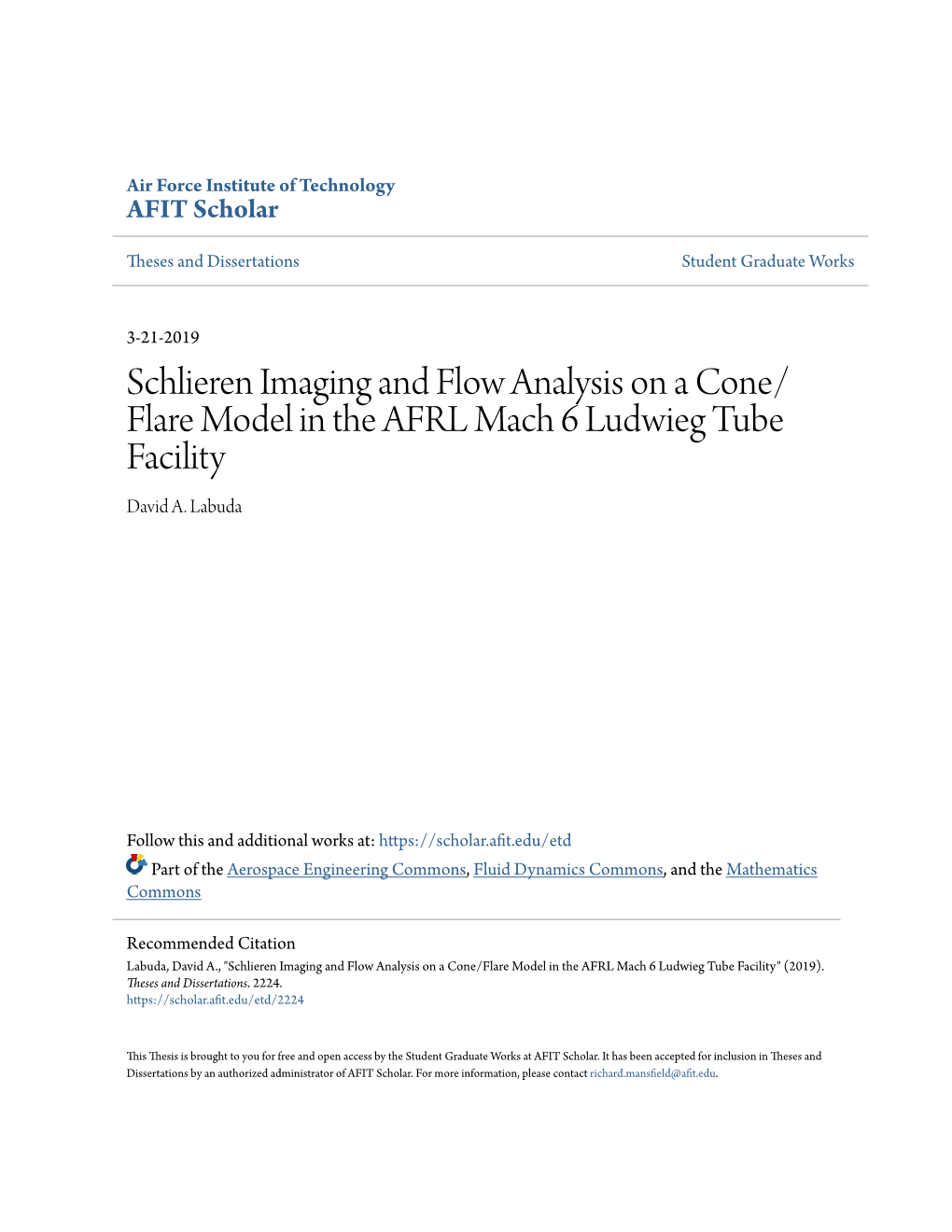 Schlieren Imaging and Flow Analysis on a Cone/Flare Model in the AFRL Mach 6 Ludwieg Tube Facility