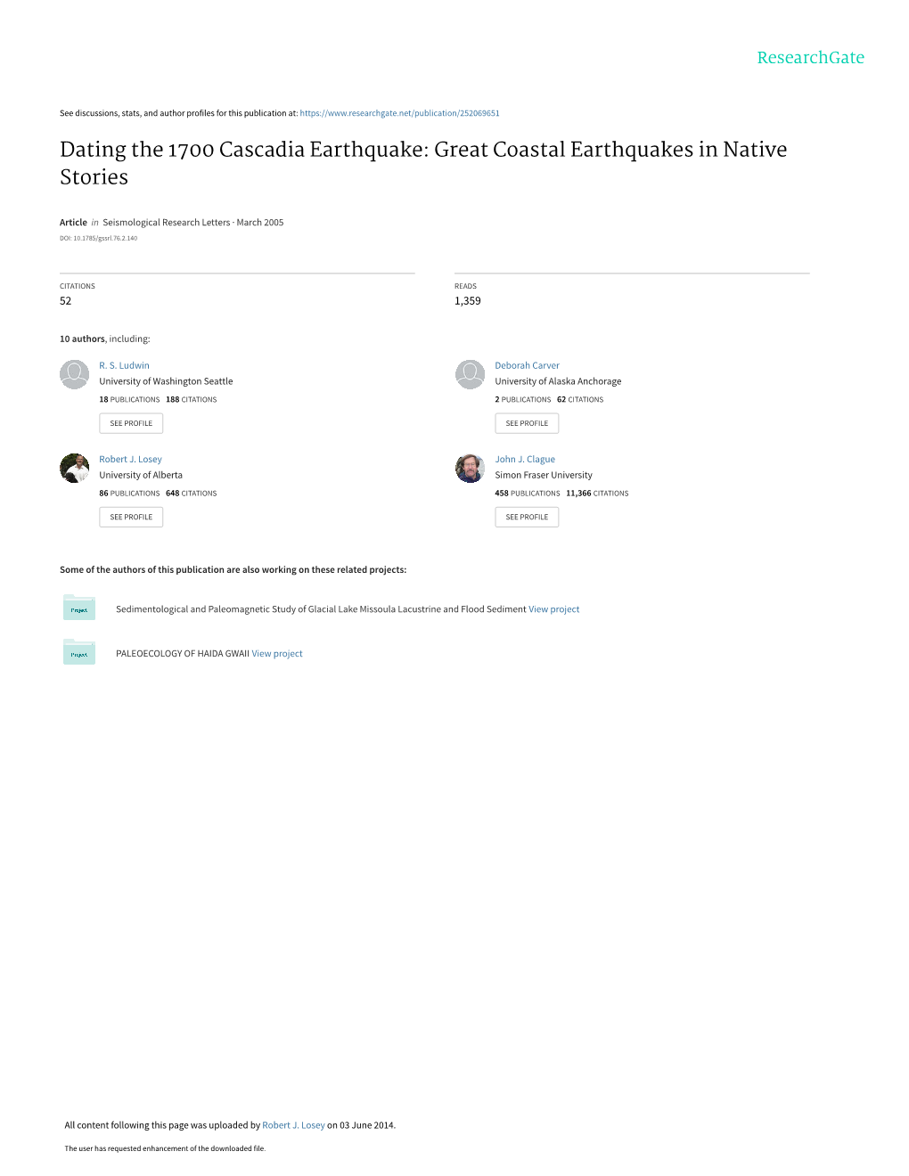 Dating the 1700 Cascadia Earthquake: Great Coastal Earthquakes in Native Stories