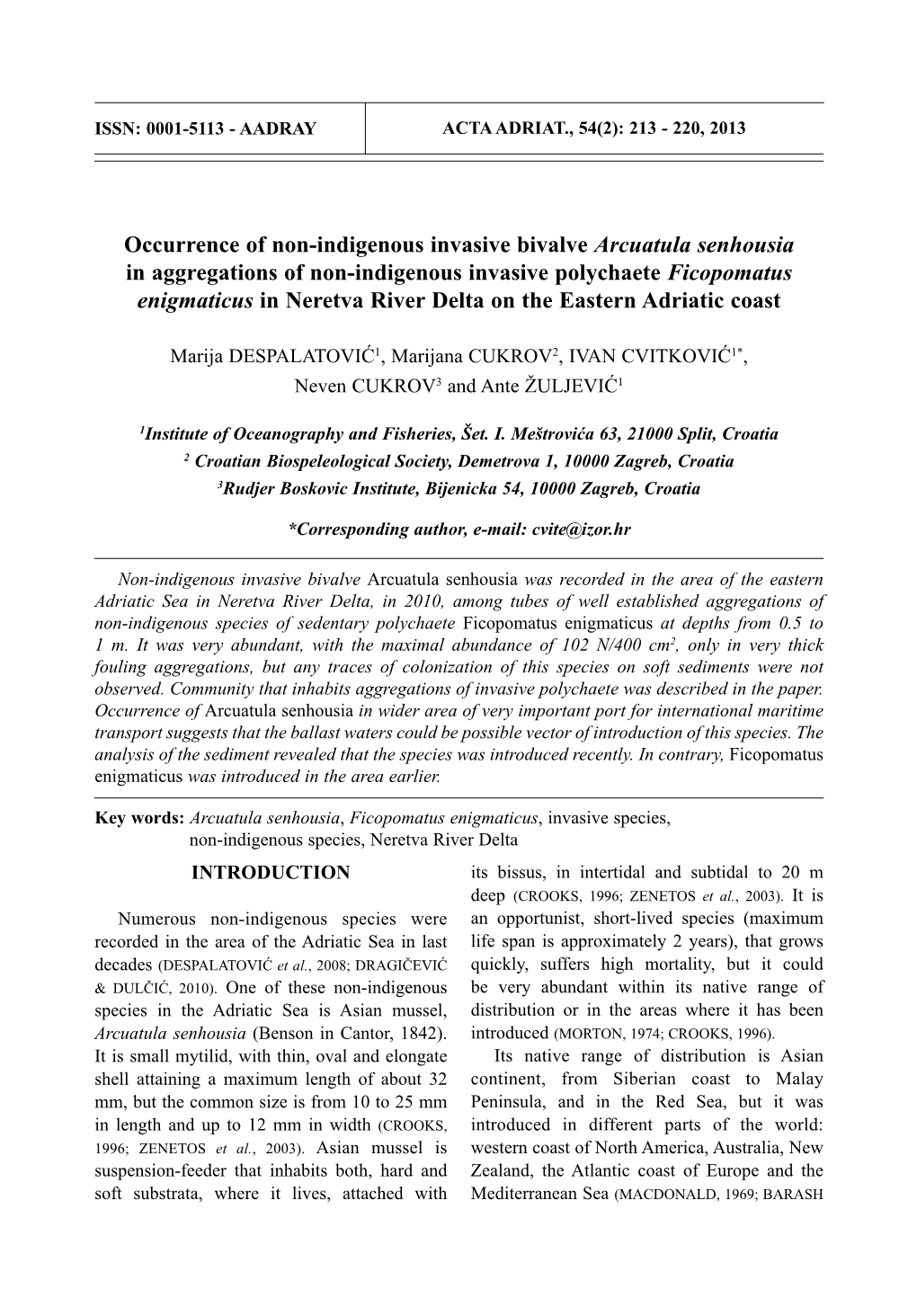 Occurrence of Non-Indigenous Invasive Bivalve Arcuatula