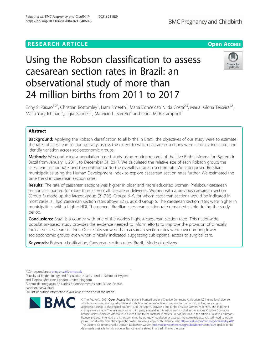 Using the Robson Classification to Assess Caesarean Section Rates in Brazil: an Observational Study of More Than 24 Million Births from 2011 to 2017 Enny S