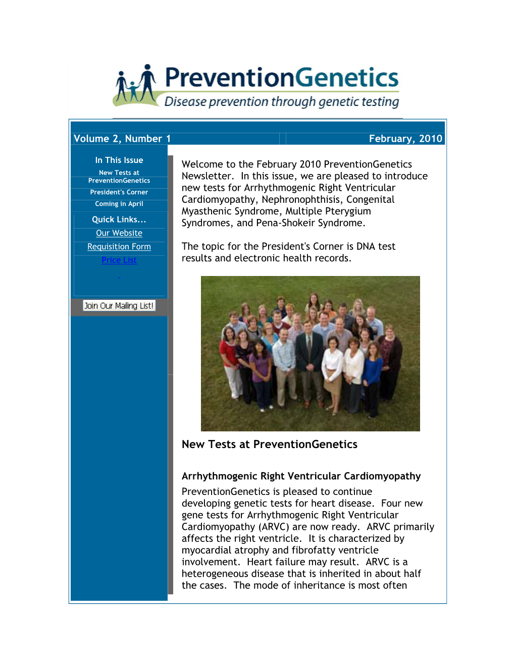 February 2010 Preventiongenetics New Tests at Preventiongenetics Newsletter