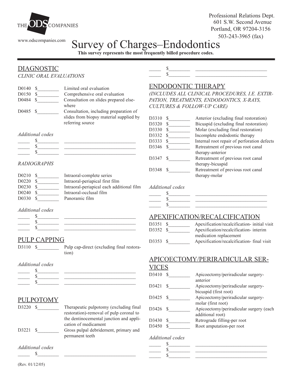 Survey of Charges–Endodontics This Survey Represents the Most Frequently Billed Procedure Codes