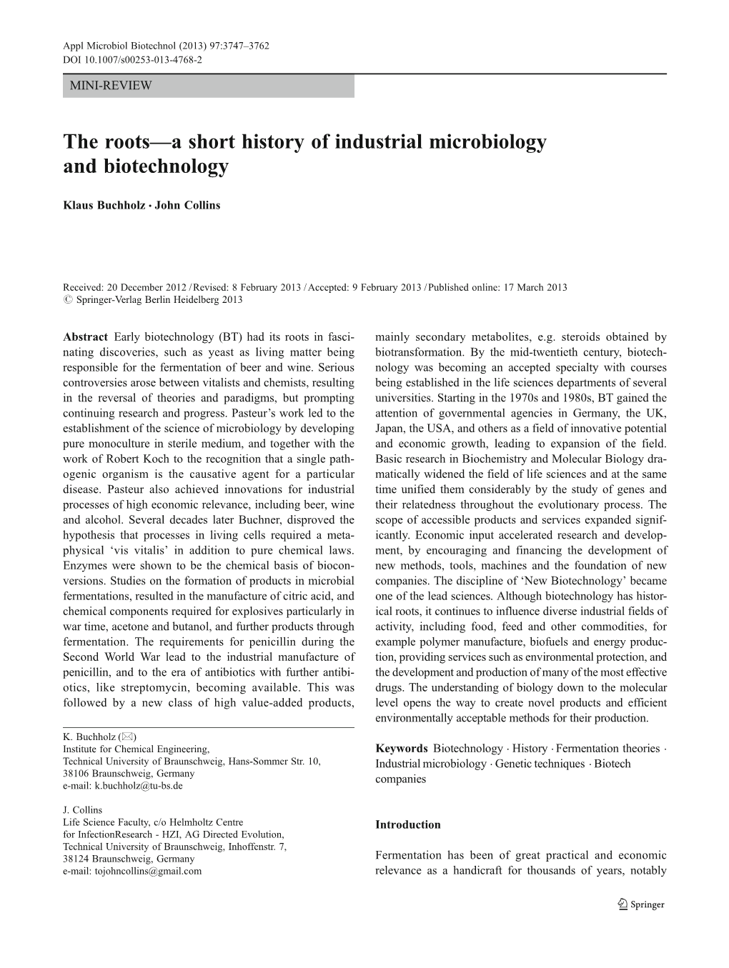 The Roots—A Short History of Industrial Microbiology and Biotechnology