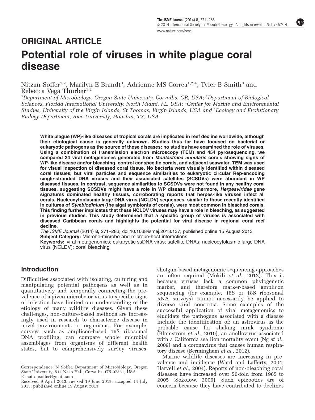 Potential Role of Viruses in White Plague Coral Disease