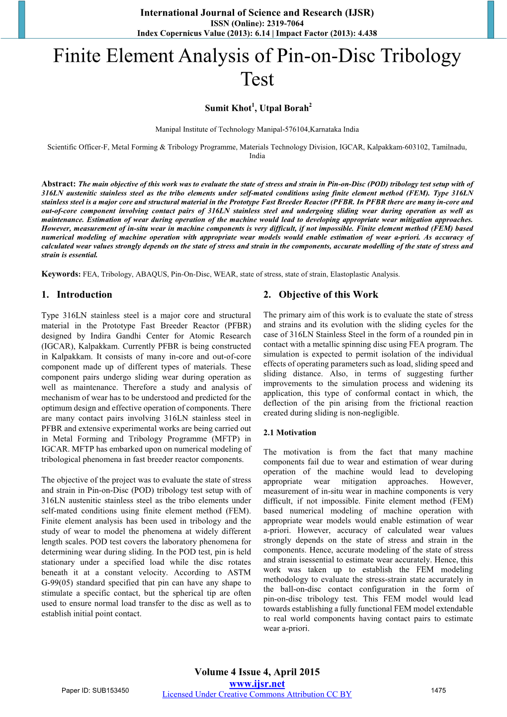 Finite Element Analysis of Pin-On-Disc Tribology Test