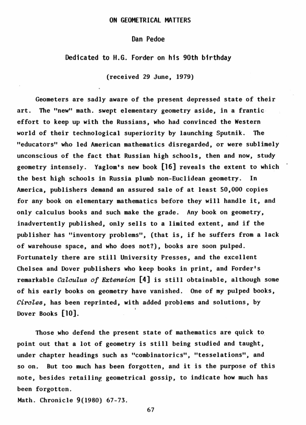 Dan Pedoe, on Geometrical Matters, P 67-74Mathschron009-008.Pdf