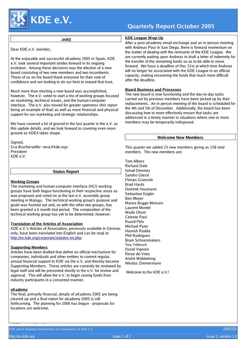 KDE E.V. Quarterly Report 2005Q3 (Issue 1)