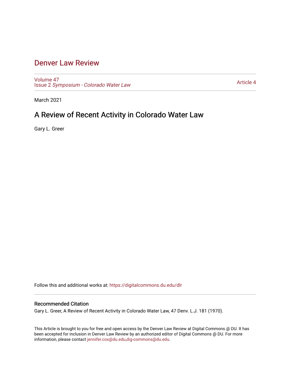 A Review of Recent Activity in Colorado Water Law