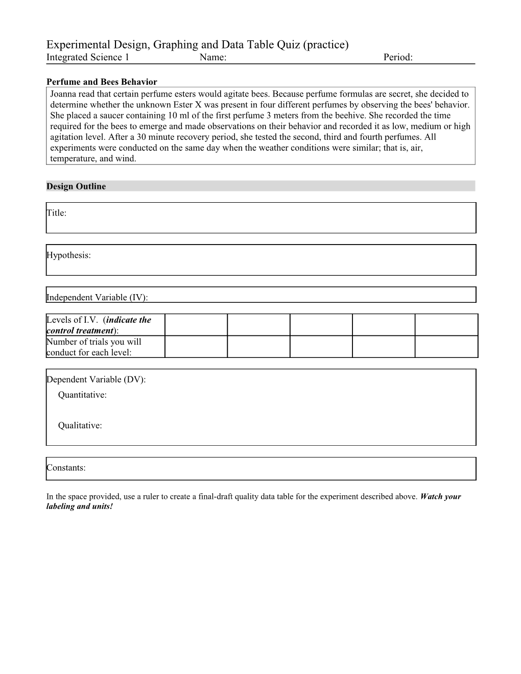 Experimental Design, Graphing and Data Table Quiz (Practice)