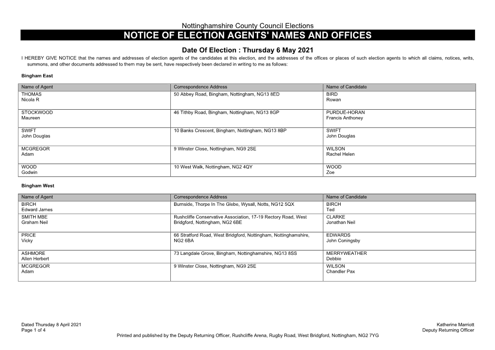 Notice of Election Agents' Names and Offices