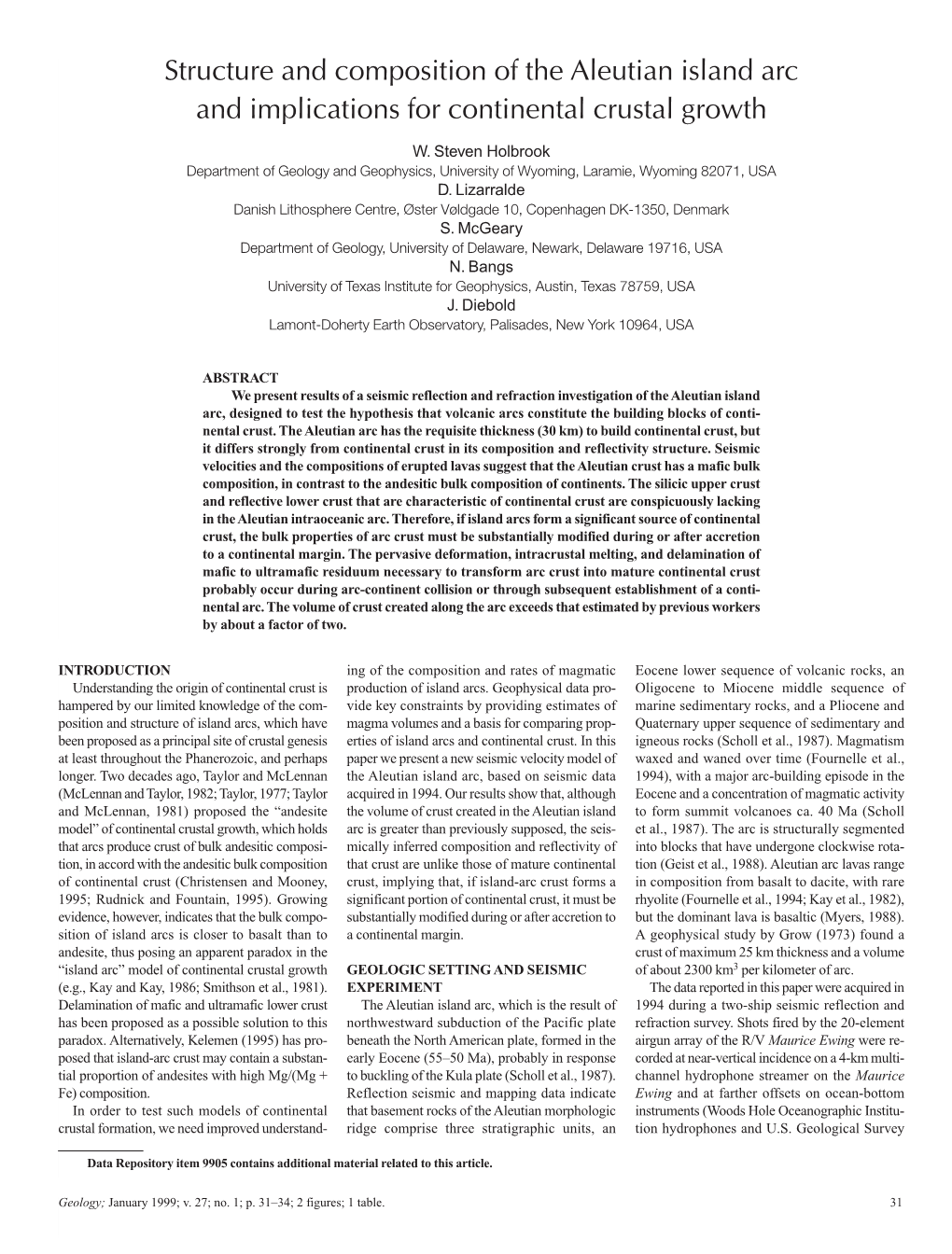 Structure and Composition of the Aleutian Island Arc and Implications for Continental Crustal Growth