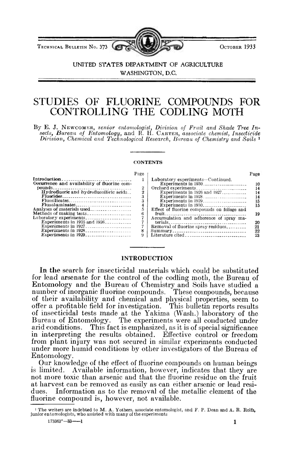 Studies of Fluorine Compounds for Controlling the Codling Moth