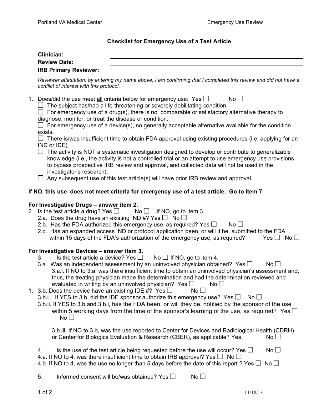 Emergency Use Checklist (Portland VA Medical Center)