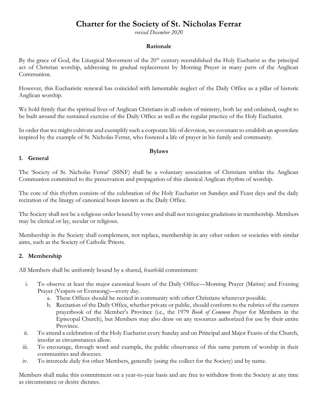 Charter for the Society of St. Nicholas Ferrar Revised December 2020