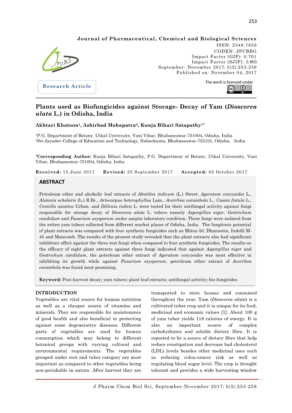 Decay of Yam (Dioscorea Alata L.) in Odisha, India ABSTRACT