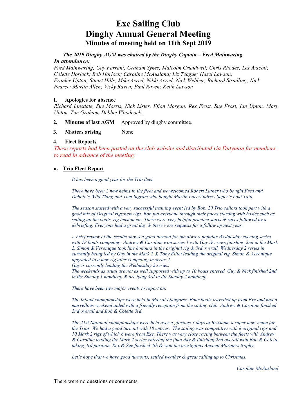 Exe Sailing Club Dinghy Annual General Meeting Minutes of Meeting Held on 11Th Sept 2019