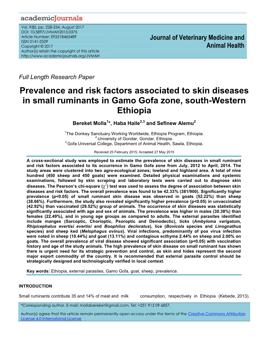 Prevalence and Risk Factors Associated to Skin Diseases in Small Ruminants in Gamo Gofa Zone, South-Western Ethiopia