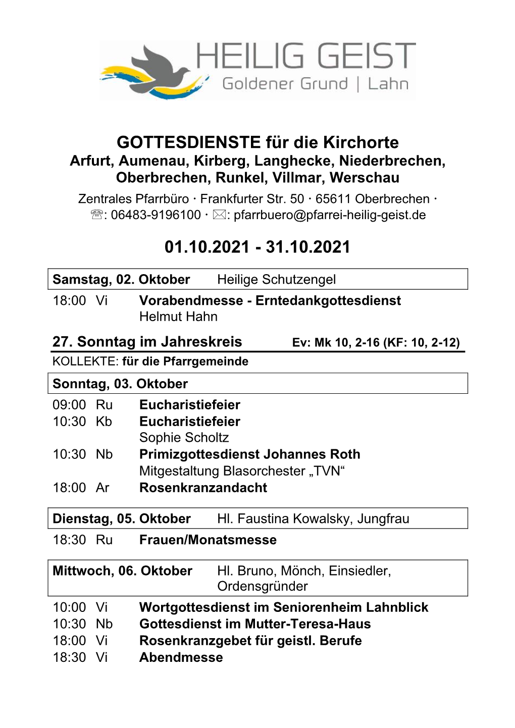 GOTTESDIENSTE Für Die Kirchorte 23.08.2021