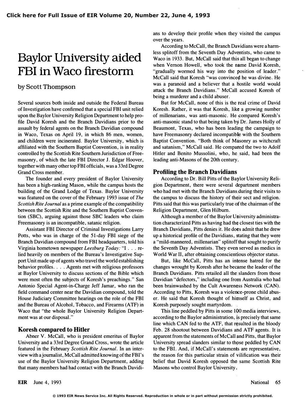 Baylor University Aided FBI in Waco Firestorm