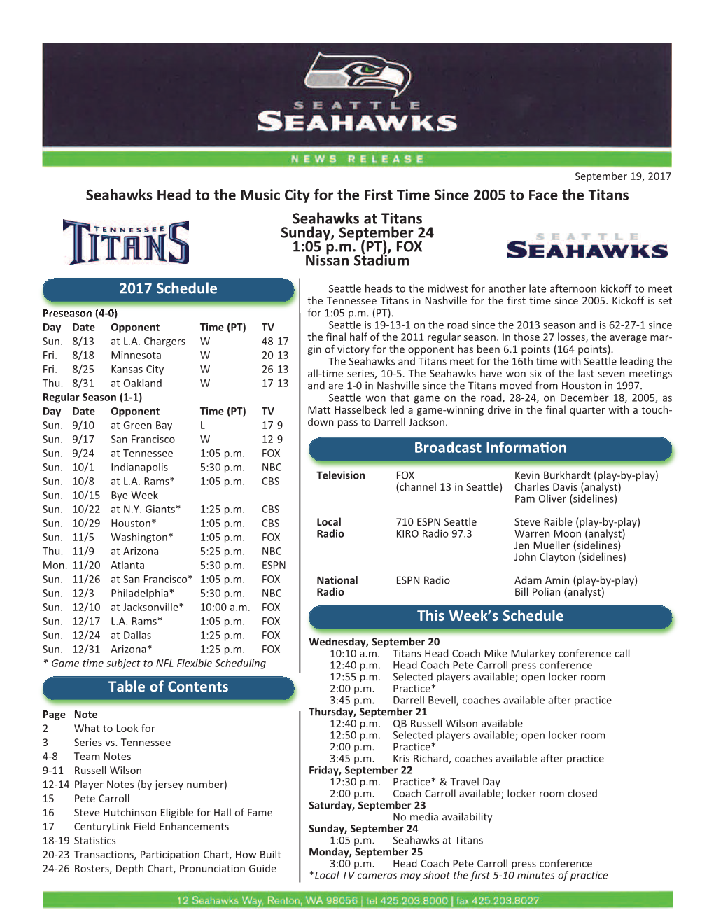 Seahawks at Titans Sunday, September 24 1:05 P.M. (PT), FOX