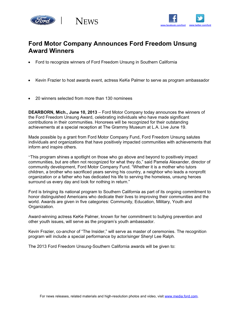 Ford Motor Company Announces Ford Freedom Unsung Award Winners