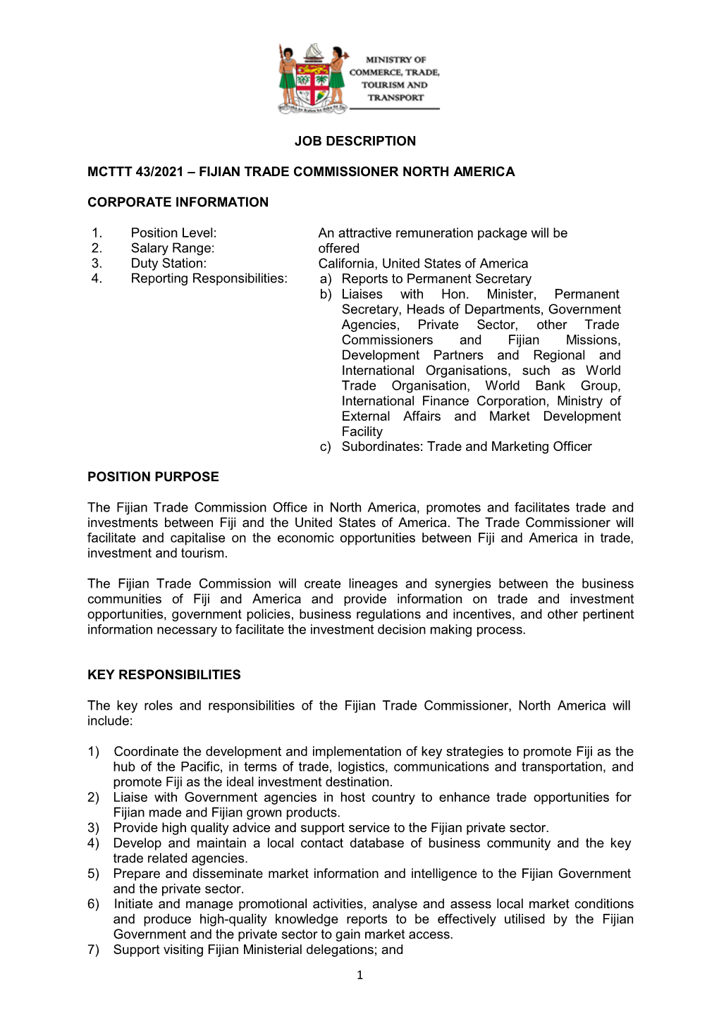 Job Description Mcttt 43/2021 – Fijian Trade Commissioner