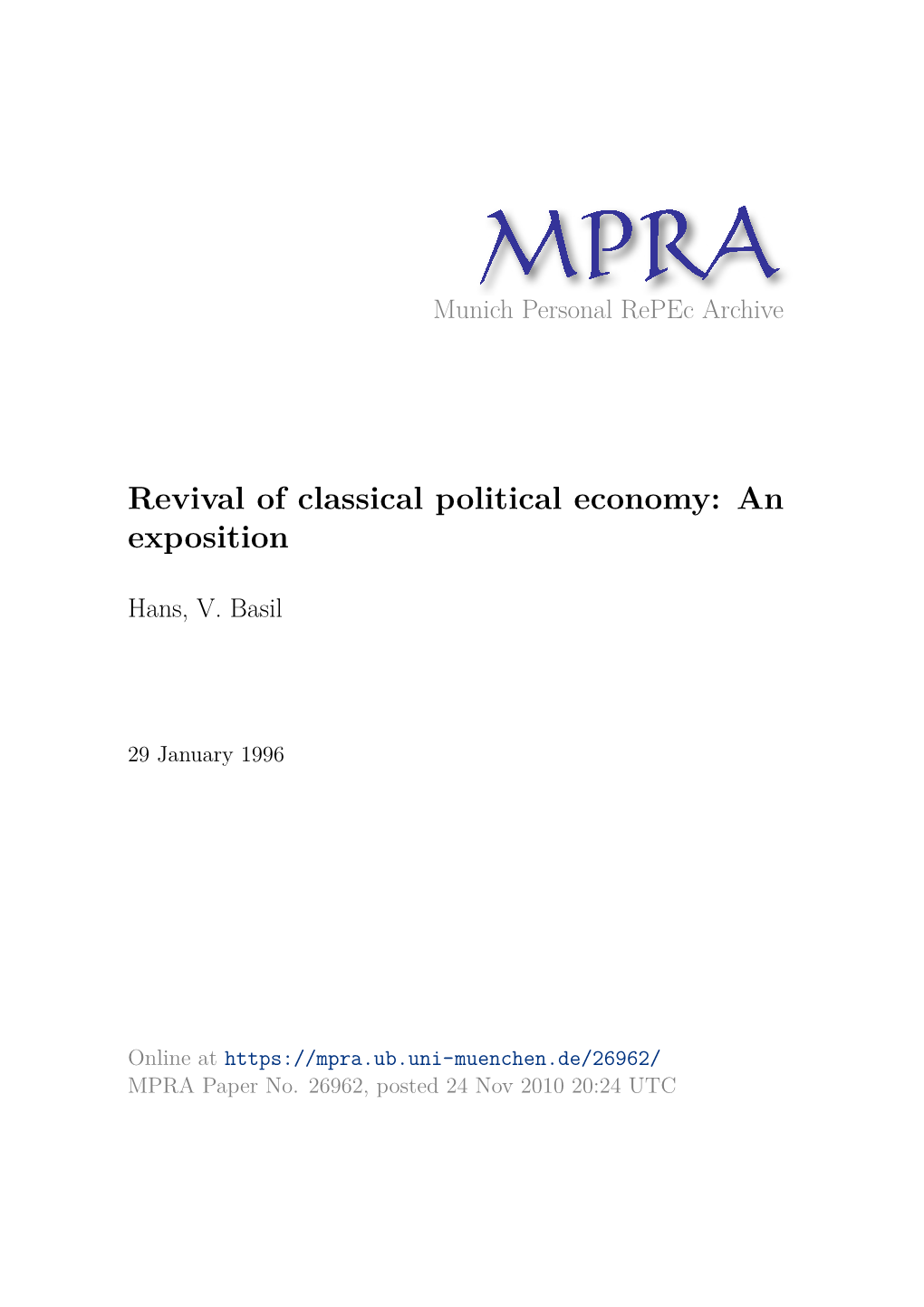 Revival of Classical Political Economy: an Exposition