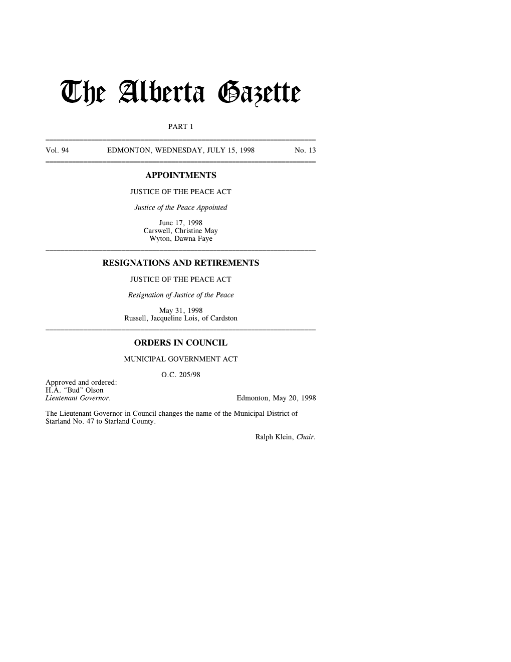 The Alberta Gazette, Part I, July 15, 1998