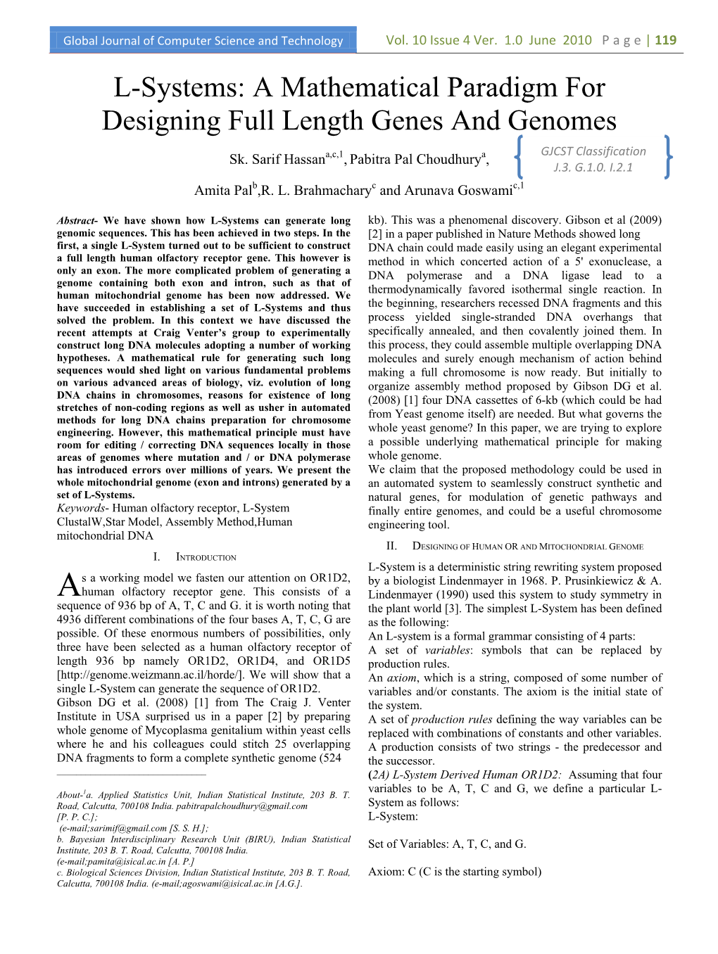 L-Systems: a Mathematical Paradigm for Designing Full Length Genes and Genomes GJCST Classification Sk