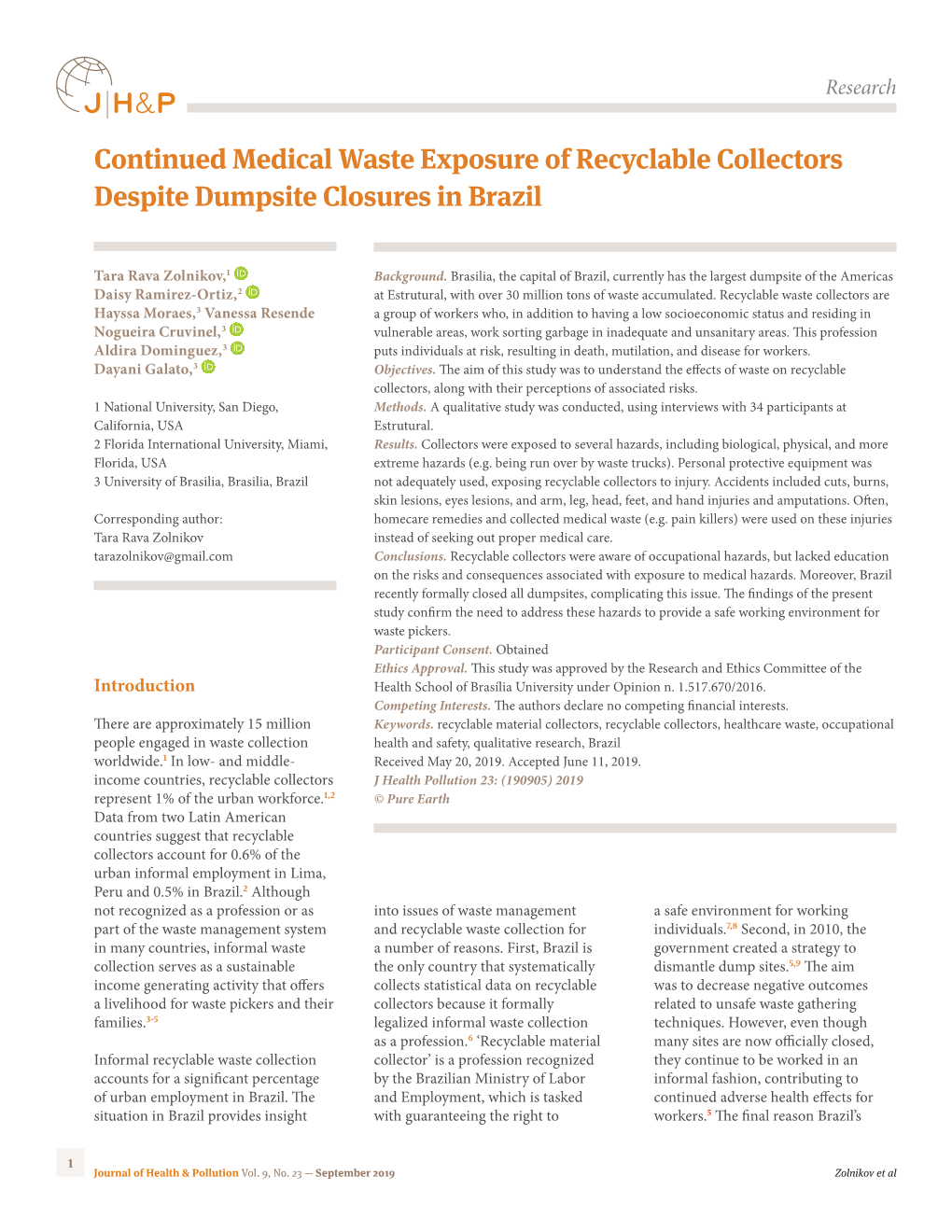 Continued Medical Waste Exposure of Recyclable Collectors Despite Dumpsite Closures in Brazil