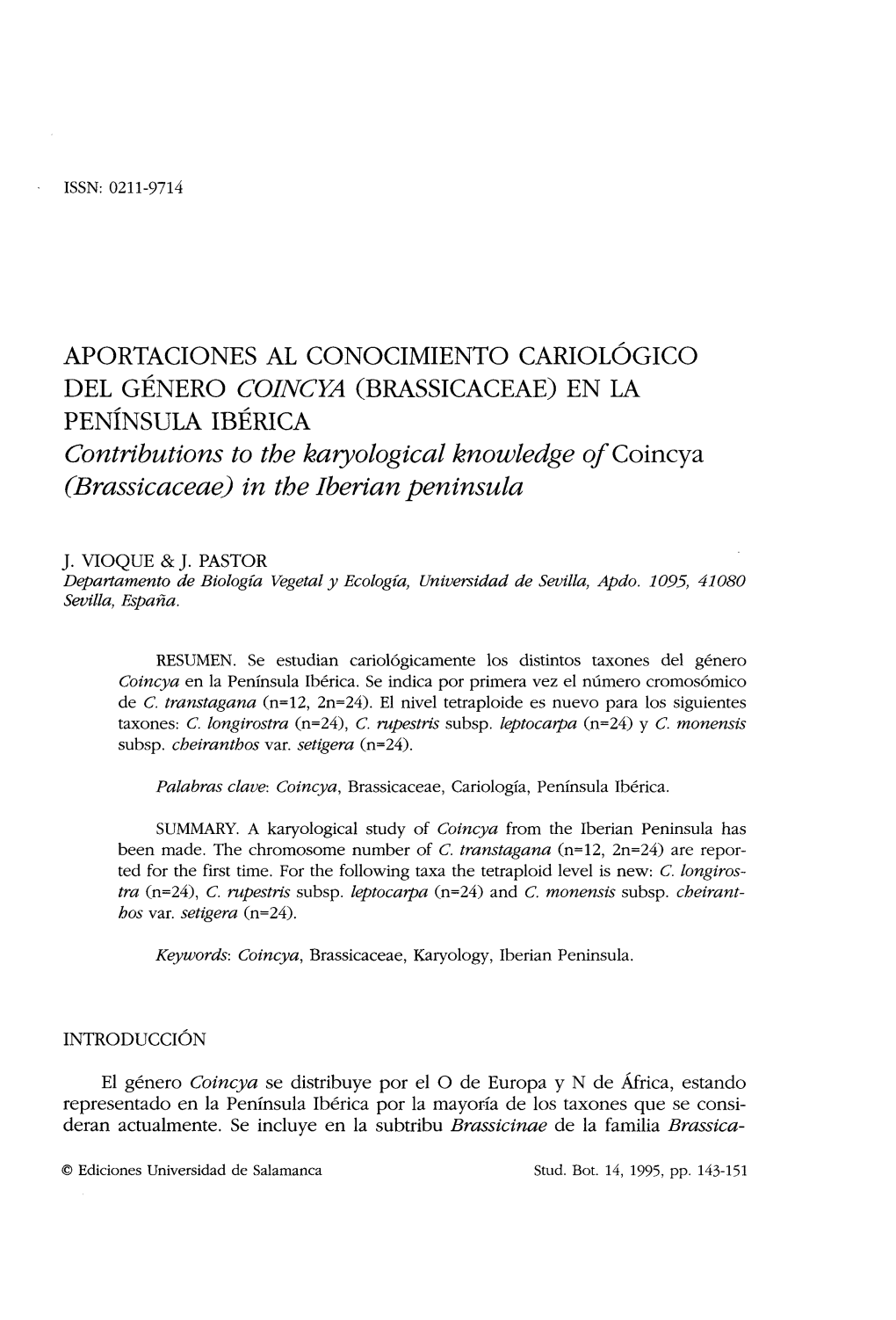 Aportaciones Al Conocimiento Cariológico Del Género Coincya (Brassicaceae) En La Península Ibérica