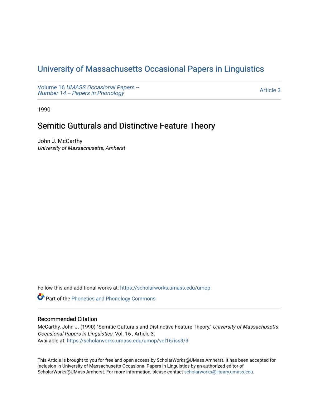 Semitic Gutturals and Distinctive Feature Theory