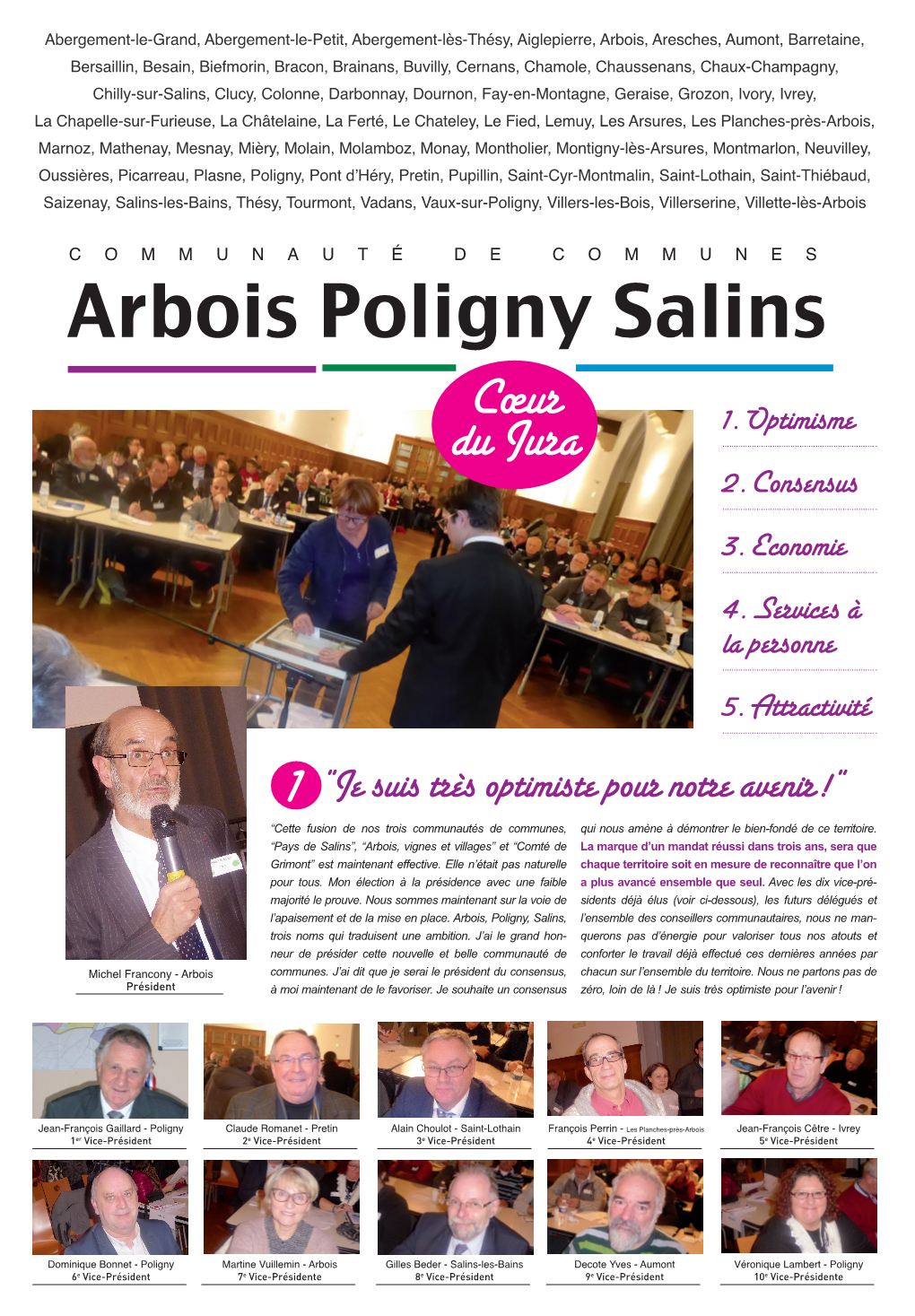 Arbois Poligny Salins Cœur Du Jura 1.Optimisme 2.Consensus 3.Economie 4.Services À La Personne 5.Attractivité 1 “Je Suis Très Optimiste Pour Notre Avenir!”