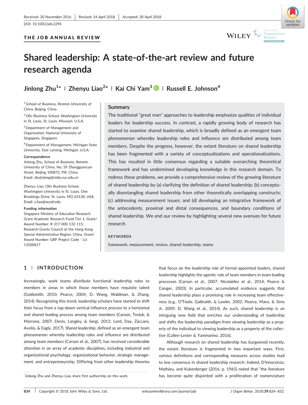 Shared Leadership: a State‐Of‐The‐Art Review and Future Research Agenda